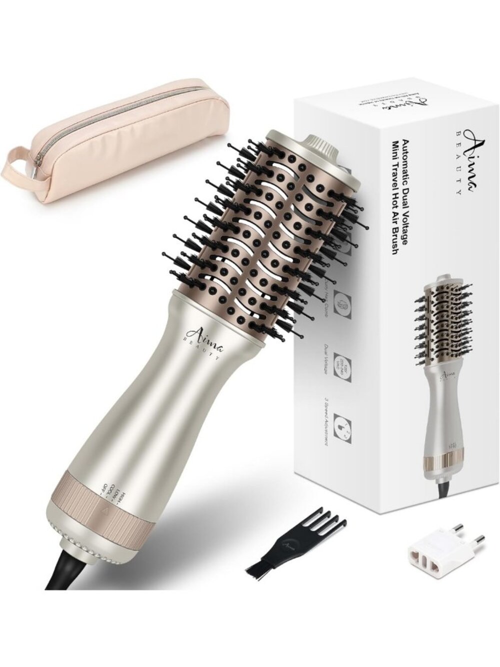 Compact Dual Voltage Hair Dryer Brush with Cool Shot - Hot Air Styling Tool
